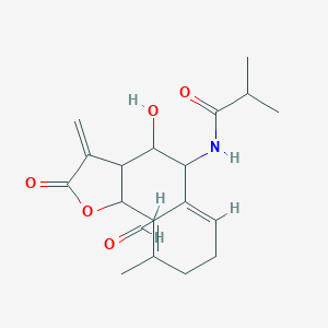 molecular formula C19H25NO5 B13780291 N-[(6Z,10E)-6-formyl-4-hydroxy-10-methyl-3-methylidene-2-oxo-3a,4,5,8,9,11a-hexahydrocyclodeca[b]furan-5-yl]-2-methylpropanamide 