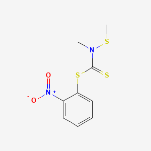 molecular formula C9H10N2O2S3 B13780467 Carbamic acid, N-methyl-N-(methylthio)dithio-, 2-nitrophenyl ester CAS No. 64059-04-7