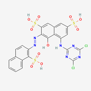 molecular formula C23H14Cl2N6O10S3 B13781914 5-((4,6-Dichloro-1,3,5-triazin-2-yl)amino)-4-hydroxy-3-((1-sulpho-2-naphthyl)azo)naphthalene-2,7-disulphonic acid CAS No. 25926-16-3