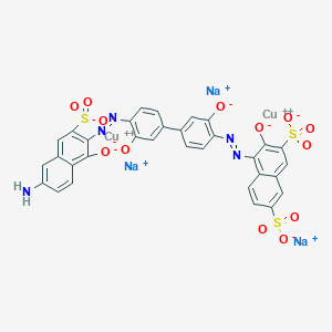 molecular formula C32H16Cu2N5Na3O13S3 B13783105 Cuprate(3-), [mu-[4-[[4'-[[6-amino-1-(hydroxy-kappaO)-3-sulfo-2-naphthalenyl]azo-kappaN1]-3,3'-di(hydroxy-kappaO)[1,1'-biphenyl]-4-yl]azo-kappaN1]-3-(hydroxy-kappaO)-2,7-naphthalenedisulfonato(7-)]]di-, trisodium CAS No. 66418-17-5