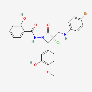molecular formula C24H21BrClN3O5 B13784103 Benzamide, N-(3-(((4-bromophenyl)amino)methyl)-3-chloro-2-(3-hydroxy-4-methoxyphenyl)-4-oxo-1-azetidinyl)-2-hydroxy- CAS No. 87444-01-7
