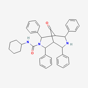 molecular formula C38H39N3O2 B13784108 N-Cyclohexyl-9-oxo-2,4,6,8-tetraphenyl-3,7-diazabicyclo(3.3.1)nonane-3-carboxamide CAS No. 82058-28-4