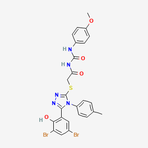 molecular formula C25H21Br2N5O4S B13784989 Acetamide, 2-((5-(3,5-dibromo-2-hydroxyphenyl)-4-(4-methylphenyl)-4H-1,2,4-triazol-3-yl)thio)-N-(((4-methoxyphenyl)amino)carbonyl)- CAS No. 97399-37-6