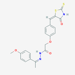 molecular formula C21H19N3O4S2 B137850 Acetic acid, (4-((4-oxo-2-thioxo-5-thiazolidinylidene)methyl)phenoxy)-, (1-(4-methoxyphenyl)ethylidene)hydrazide CAS No. 139298-37-6