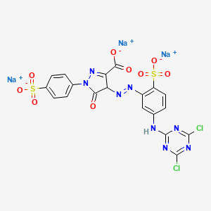 molecular formula C19H9Cl2N8Na3O9S2 B13785072 Trisodium 4-((5-((4,6-dichloro-1,3,5-triazin-2-yl)amino)-2-sulphonatophenyl)azo)-4,5-dihydro-5-oxo-1-(4-sulphonatophenyl)-1H-pyrazole-3-carboxylate CAS No. 97404-00-7