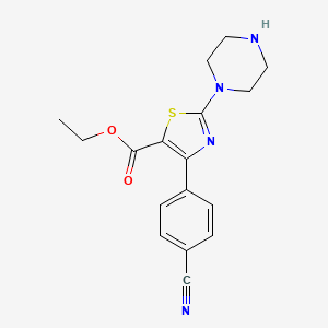 molecular formula C17H18N4O2S B13785918 Ethyl 2-piperazine-4-(4-cyano)phenyl thiazole-5-carboxylate 