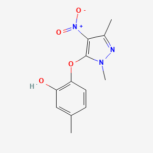 molecular formula C12H13N3O4 B13788334 Phenol, 2-[(1,3-dimethyl-4-nitro-1H-pyrazol-5-yl)oxy]-5-methyl- 