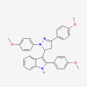 molecular formula C32H29N3O3 B13789898 3-(4,5-Dihydro-1,3-bis(4-methoxyphenyl)-1H-pyrazol-5-yl)-2-(4-methoxyphenyl)-1H-indole CAS No. 76195-70-5