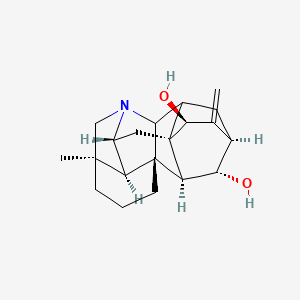 molecular formula C20H27NO2 B13790310 (1S,5R,11R,13R,14R,16R,17R,18S,19S)-5-methyl-12-methylidene-7-azaheptacyclo[9.6.2.01,8.05,17.07,16.09,14.014,18]nonadecane-13,19-diol 
