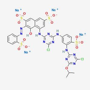 molecular formula C31H21Cl2N11Na4O14S4 B13790671 tetrasodium;5-[[4-chloro-6-[3-[(4-chloro-6-propan-2-yloxy-1,3,5-triazin-2-yl)amino]-4-sulfonatoanilino]-1,3,5-triazin-2-yl]amino]-4-hydroxy-3-[(2-sulfonatophenyl)diazenyl]naphthalene-2,7-disulfonate CAS No. 71033-05-1