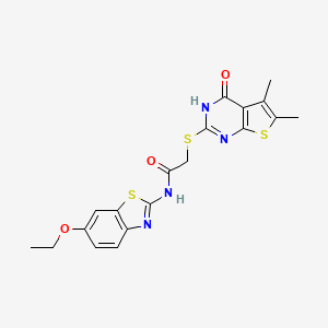 molecular formula C19H18N4O3S3 B13792064 Acetamide,2-[(1,4-dihydro-5,6-dimethyl-4-oxothieno[2,3-D]pyrimidin-2-YL)thio]-N-(6-ethoxy-2-benzothiazolyl)- 
