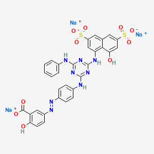 molecular formula C32H21N8Na3O10S2 B13792682 5-((4-((6-Anilino-4-((8-hydroxy-3,6-disulpho-1-naphthyl)amino)-1,3,5-triazin-2-yl)amino)phenyl)azo)salicylic acid, sodium salt CAS No. 95873-70-4