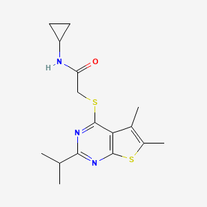 molecular formula C16H21N3OS2 B13792927 N-Cyclopropyl-2-(2-isopropyl-5,6-dimethyl-thieno[2,3-d]pyrimidin-4-ylsulfanyl)-acetamide 
