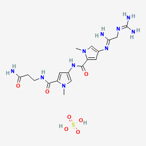 molecular formula C18H28N10O7S B13793193 N,4'-Bi(pyrrole-2-carboxamide), N'-(2-carbamoylethyl)-4-((2-guanidinoacetimidoyl)amino)-1,1'-dimethyl-, sulfate CAS No. 6018-79-7
