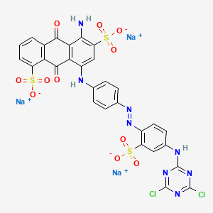 molecular formula C29H15Cl2N8Na3O11S3 B13793557 1,6-Anthracenedisulfonic acid, 5-amino-8-((4-((4-((4,6-dichloro-1,3,5-triazin-2-yl)amino)-2-sulfophenyl)azo)phenyl)amino)-9,10-dihydro-9,10-dioxo-, trisodium salt CAS No. 70865-35-9