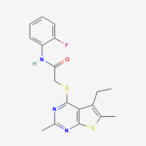 molecular formula C18H18FN3OS2 B13794440 Acetamide,2-[(5-ethyl-2,6-dimethylthieno[2,3-D]pyrimidin-4-YL)thio]-N-(2-fluorophenyl)- 