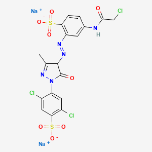 molecular formula C18H12Cl3N5Na2O8S2 B13794597 Benzenesulfonic acid, 4-((chloroacetyl)amino)-2-((1-(2,5-dichloro-4-sulfophenyl)-4,5-dihydro-3-methyl-5-oxo-1H-pyrazol-4-yl)azo)-, disodium salt CAS No. 72379-42-1