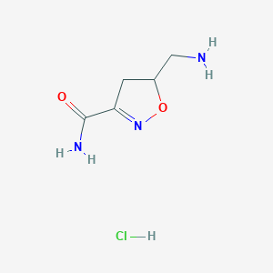molecular formula C5H10ClN3O2 B1379483 5-(Aminomethyl)-4,5-dihydro-1,2-oxazole-3-carboxamide hydrochloride CAS No. 1796992-86-3