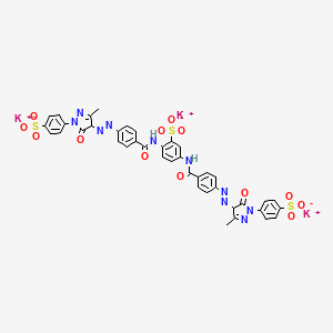 molecular formula C40H29K3N10O13S3 B13797347 Tripotassium 2,5-bis[4-[[4,5-dihydro-3-methyl-5-oxo-1-(4-sulphonatophenyl)-1H-pyrazol-4-YL]azo]benzamido]benzenesulphonate CAS No. 67875-09-6