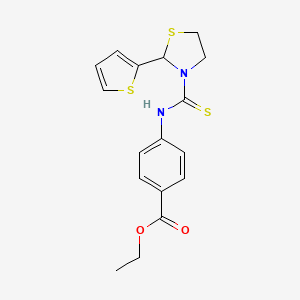 molecular formula C17H18N2O2S3 B13797455 Ethyl 4-({[2-(thiophen-2-yl)-1,3-thiazolidin-3-yl]carbonothioyl}amino)benzoate 