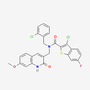 molecular formula C27H19Cl2FN2O3S B13798151 3-chloro-N-[(2-chlorophenyl)methyl]-6-fluoro-N-[(7-methoxy-2-oxo-1H-quinolin-3-yl)methyl]-1-benzothiophene-2-carboxamide 