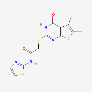 molecular formula C13H12N4O2S3 B13798600 Acetamide,2-[(1,4-dihydro-5,6-dimethyl-4-oxothieno[2,3-D]pyrimidin-2-YL)thio]-N-thiazol-2-YL- 