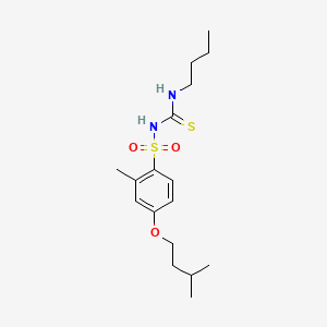 molecular formula C17H28N2O3S2 B13799104 Benzenesulfonamide, N-((butylamino)thioxomethyl)-2-methyl-4-(3-methylbutoxy)- CAS No. 69210-36-2