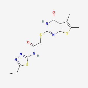 molecular formula C14H15N5O2S3 B13800062 Acetamide,2-[(1,4-dihydro-5,6-dimethyl-4-oxothieno[2,3-D]pyrimidin-2-YL)thio]-N-(5-ethyl-1,3,4-thiadiazol-2-YL)- 