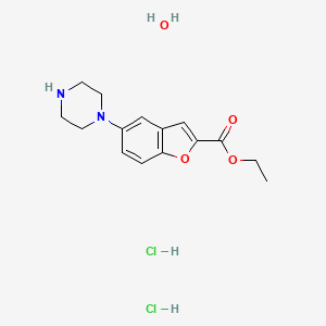 molecular formula C15H22Cl2N2O4 B1380151 5-(1-Piperazinyl)-2-benzofurancarboxylic acid ethyl ester dihydrochloride hydrate CAS No. 1422956-31-7