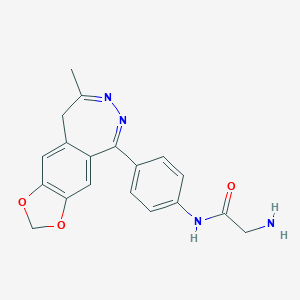 molecular formula C19H18N4O3 B138034 Acetamide, 2-amino-N-(4-(8-methyl-9H-1,3-dioxolo(4,5-h)(2,3)benzodiazepin-5-yl)phenyl)- CAS No. 143691-84-3