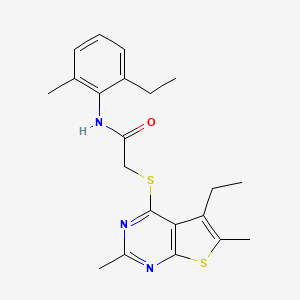 molecular formula C21H25N3OS2 B13803710 Acetamide,2-[(5-ethyl-2,6-dimethylthieno[2,3-D]pyrimidin-4-YL)thio]-N-(2-ethyl-6-methylphenyl)- 