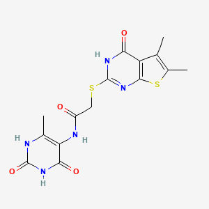 molecular formula C15H15N5O4S2 B13805567 Acetamide,2-[(1,4-dihydro-5,6-dimethyl-4-oxothieno[2,3-D]pyrimidin-2-YL)thio]-N-(1,2,3,4-tetrahydro-6-methyl-2,4-dioxo-pyrimidin-5-YL)- 