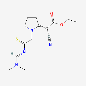 molecular formula C14H20N4O2S B13806969 Ethyl(2E)-2-cyano-2-[1-[((Z)-dimethylaminomethylidenethiocarbamoyl)me thyl]pyrrolidin-2-ylidene]acetate 