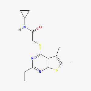 molecular formula C15H19N3OS2 B13807444 Acetamide,N-cyclopropyl-2-[(2-ethyl-5,6-dimethylthieno[2,3-D]pyrimidin-4-YL)thio]- 
