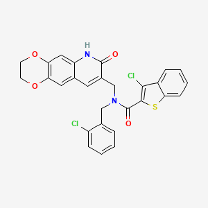molecular formula C28H20Cl2N2O4S B13808119 3-chloro-N-[(2-chlorophenyl)methyl]-N-[(7-oxo-3,6-dihydro-2H-[1,4]dioxino[2,3-g]quinolin-8-yl)methyl]-1-benzothiophene-2-carboxamide 