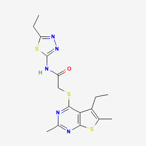 molecular formula C16H19N5OS3 B13808751 2-(5-ethyl-2,6-dimethylthieno[2,3-d]pyrimidin-4-yl)sulfanyl-N-(5-ethyl-1,3,4-thiadiazol-2-yl)acetamide 