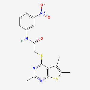 molecular formula C17H16N4O3S2 B13808892 Acetamide,N-(3-nitrophenyl)-2-[(2,5,6-trimethylthieno[2,3-D]pyrimidin-4-YL)thio]- 