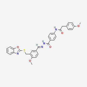 molecular formula C32H28N4O5S B13809396 N-[(E)-[3-(1,3-benzoxazol-2-ylsulfanylmethyl)-4-methoxyphenyl]methylideneamino]-4-[[2-(4-methoxyphenyl)acetyl]amino]benzamide 