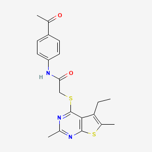 molecular formula C20H21N3O2S2 B13810531 Acetamide,N-(4-acetylphenyl)-2-[(5-ethyl-2,6-dimethylthieno[2,3-D]pyrimidin-4-YL)thio]- 