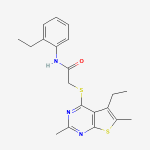 molecular formula C20H23N3OS2 B13812190 Acetamide,2-[(5-ethyl-2,6-dimethylthieno[2,3-D]pyrimidin-4-YL)thio]-N-(2-ethylphenyl)- 