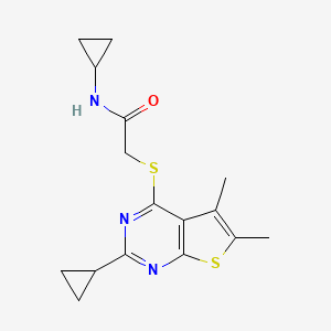 molecular formula C16H19N3OS2 B13814508 Acetamide,N-cyclopropyl-2-[(2-cyclopropyl-5,6-dimethylthieno[2,3-D]pyrimidin-4-YL)thio]- 
