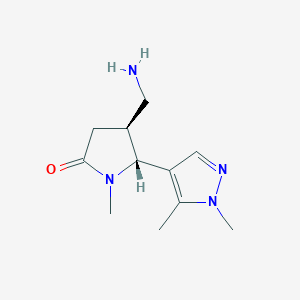 molecular formula C11H18N4O B1383341 (4S,5R)-4-(aminomethyl)-5-(1,5-dimethyl-1H-pyrazol-4-yl)-1-methylpyrrolidin-2-one CAS No. 1808324-17-5