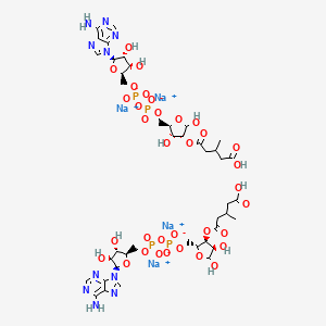 molecular formula C42H58N10Na4O34P4 B13842428 tetrasodium;[[(2R,3S,4R,5R)-5-(6-aminopurin-9-yl)-3,4-dihydroxyoxolan-2-yl]methoxy-oxidophosphoryl] [(2R,3S,4R)-3-(4-carboxy-3-methylbutanoyl)oxy-4,5-dihydroxyoxolan-2-yl]methyl phosphate;[[(2R,3S,4R,5R)-5-(6-aminopurin-9-yl)-3,4-dihydroxyoxolan-2-yl]methoxy-oxidophosphoryl] [(2R,3R,4R)-4-(4-carboxy-3-methylbutanoyl)oxy-3,5-dihydroxyoxolan-2-yl]methyl phosphate 
