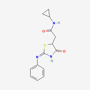 molecular formula C14H15N3O2S B1384308 N-cyclopropyl-2-[4-oxo-2-(phenylimino)-1,3-thiazolidin-5-yl]acetamide CAS No. 871909-80-7