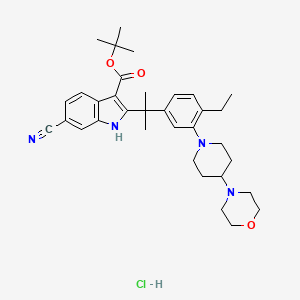 molecular formula C34H45ClN4O3 B1384667 1H-Indole-3-carboxylic acid, 6-cyano-2-[1-[4-ethyl-3-[4-(4-morpholinyl)-1-piperidinyl]phenyl]-1-methylethyl]-, 1,1-dimethylethyl ester, hydrochloride (1:1) CAS No. 1256584-77-6