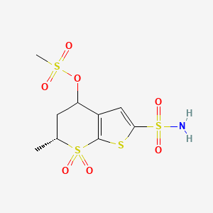 molecular formula C9H13NO7S4 B13856620 (6R)-6-Methyl-7,7-dioxido-2-sulfamoyl-5,6-dihydro-4H-thieno[2,3-b]thiopyran-4-yl methanesulfonate 