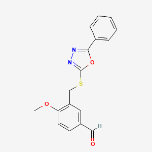 molecular formula C17H14N2O3S B1386911 4-Methoxy-3-{[(5-phenyl-1,3,4-oxadiazol-2-yl)thio]methyl}benzaldehyde CAS No. 1172568-89-6