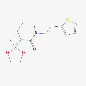 molecular formula C14H21NO3S B13885570 2-(2-methyl-1,3-dioxolan-2-yl)-N-[2-(2-thienyl)ethyl]butanamide 