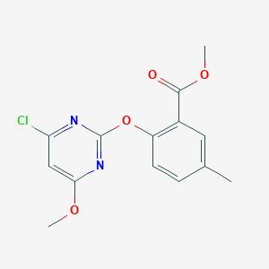 molecular formula C14H13ClN2O4 B13894362 Methyl 2-(4-chloro-6-methoxypyrimidin-2-yl)oxy-5-methylbenzoate 
