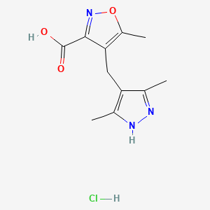 molecular formula C11H14ClN3O3 B1389732 4-(3,5-Dimethyl-1H-pyrazol-4-ylmethyl)-5-methyl-isoxazole-3-carboxylic acid hydrochloride CAS No. 1257842-91-3